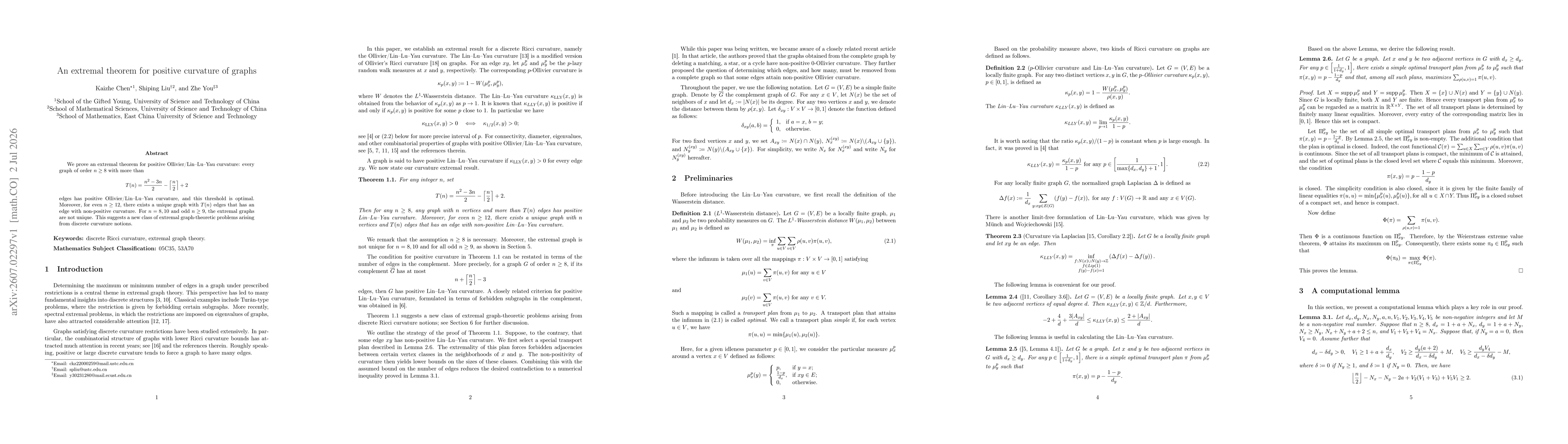 Thumbnail for An extremal theorem for positive curvature of graphs