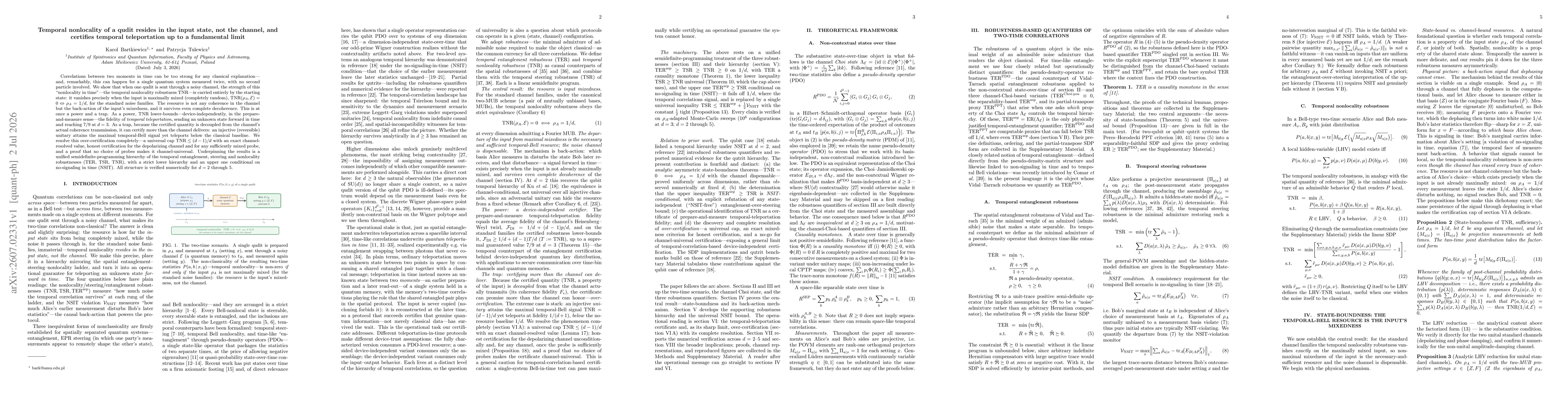 Thumbnail for Temporal nonlocality of a qudit resides in the input state, not the channel, and certifies temporal teleportation up to a fundamental limit