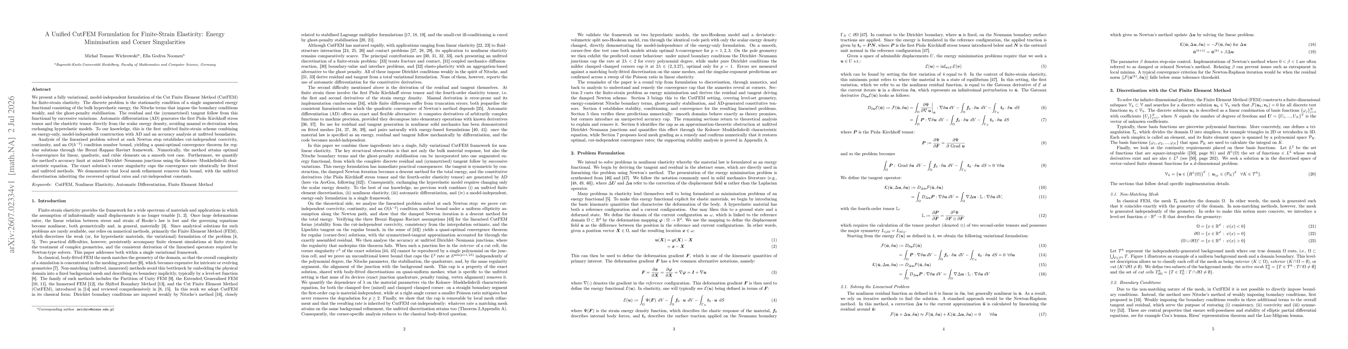 Thumbnail for A Unified CutFEM Formulation for Finite-Strain Elasticity: Energy Minimisation and Corner Singularities