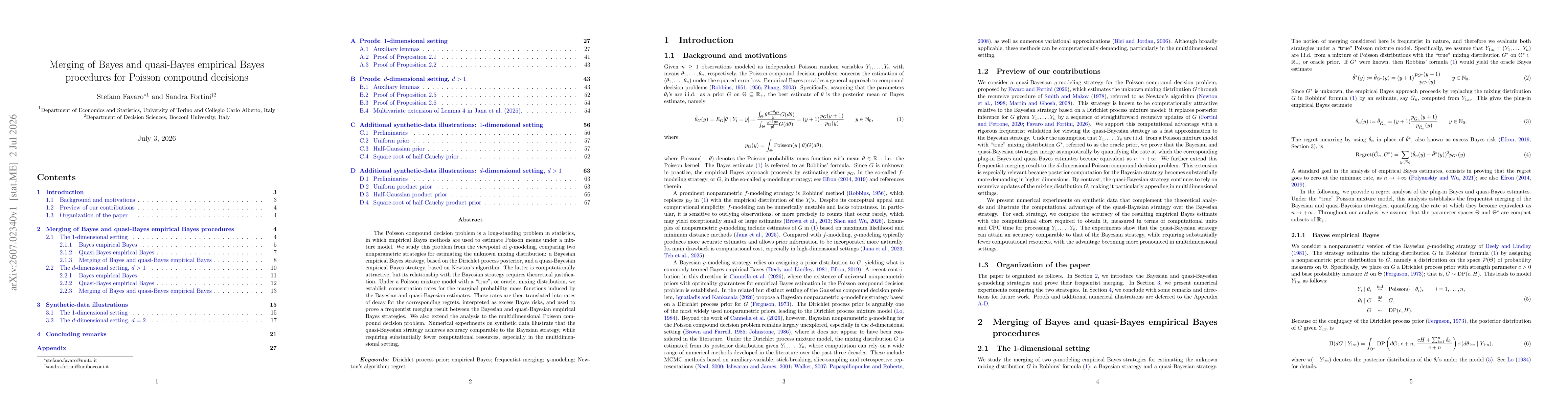 Thumbnail for Merging of Bayes and quasi-Bayes empirical Bayes procedures for Poisson compound decisions