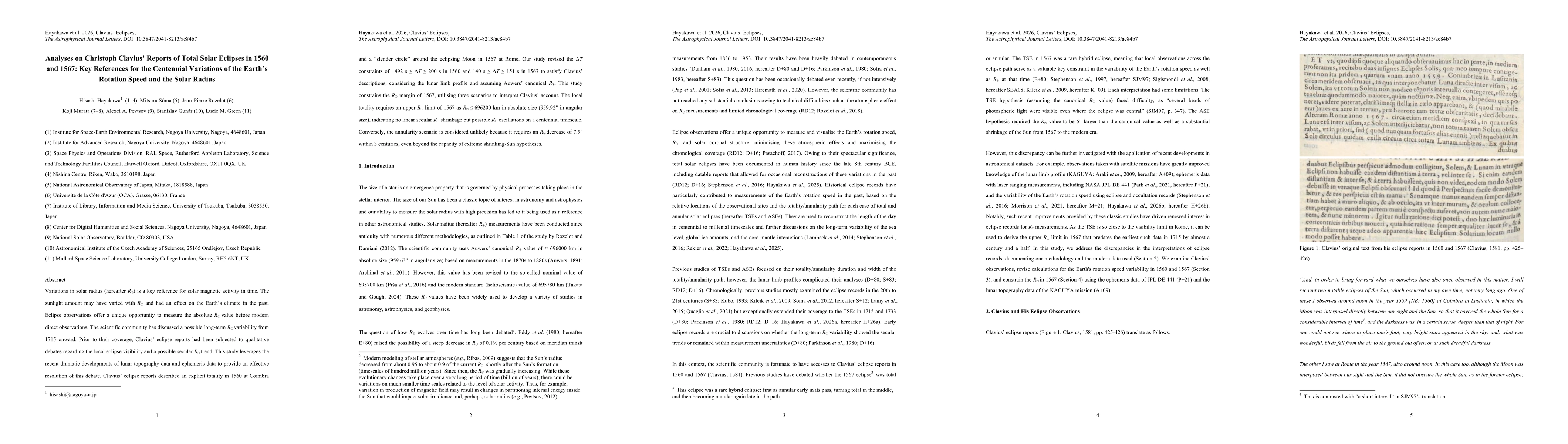 Thumbnail for Analyses on Christoph Clavius' Reports of Total Solar Eclipses in 1560 and 1567: Key References for the Centennial Variations of the Earth's Rotation Speed and the Solar Radius