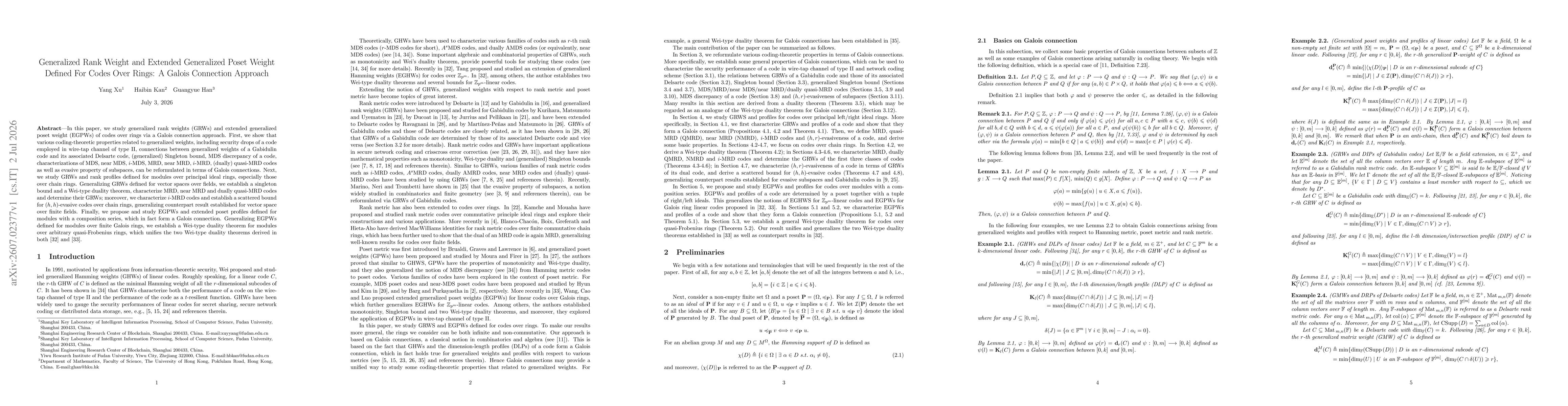 Thumbnail for Generalized Rank Weight and Extended Generalized Poset Weight Defined For Codes Over Rings: A Galois Connection Approach