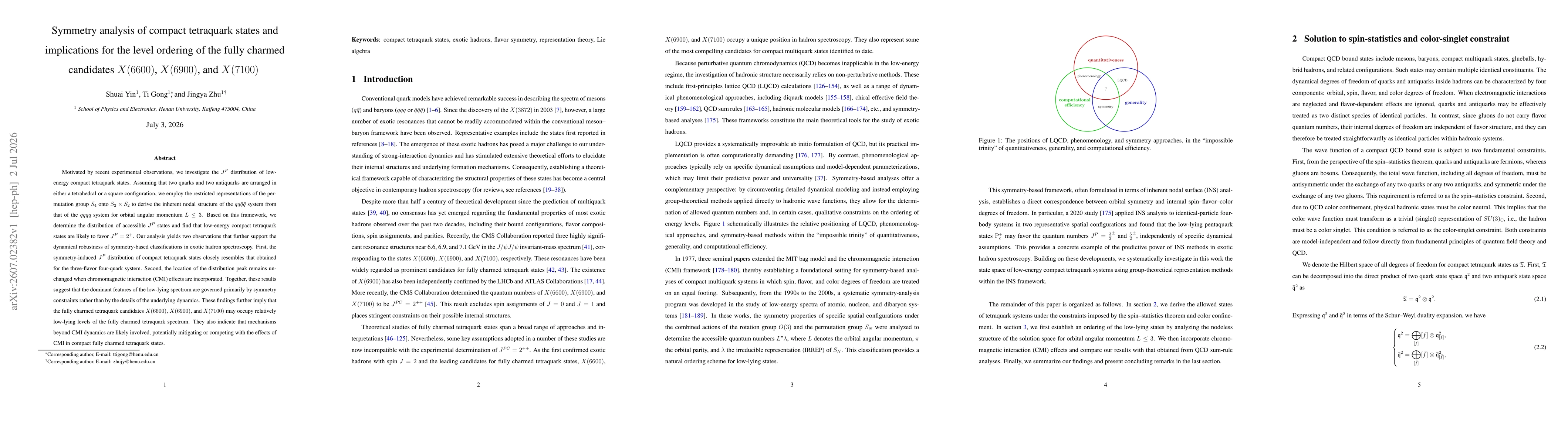Thumbnail for Symmetry Analysis of Compact Tetraquark States and Implications for the Level Ordering of the Fully Charmed Candidates $X(6600)$, $X(6900)$, and $X(7100)$