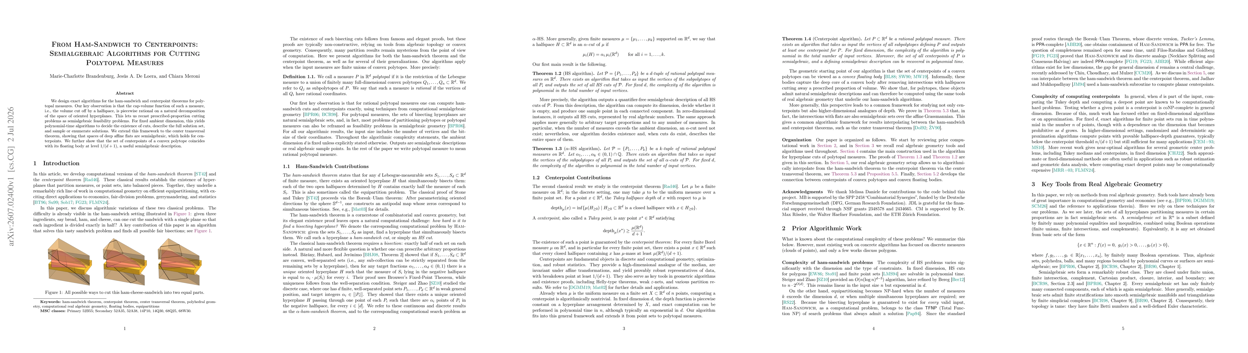 Thumbnail for From Ham-Sandwich to Centerpoints: Semialgebraic Algorithms for Cutting Polytopal Measures