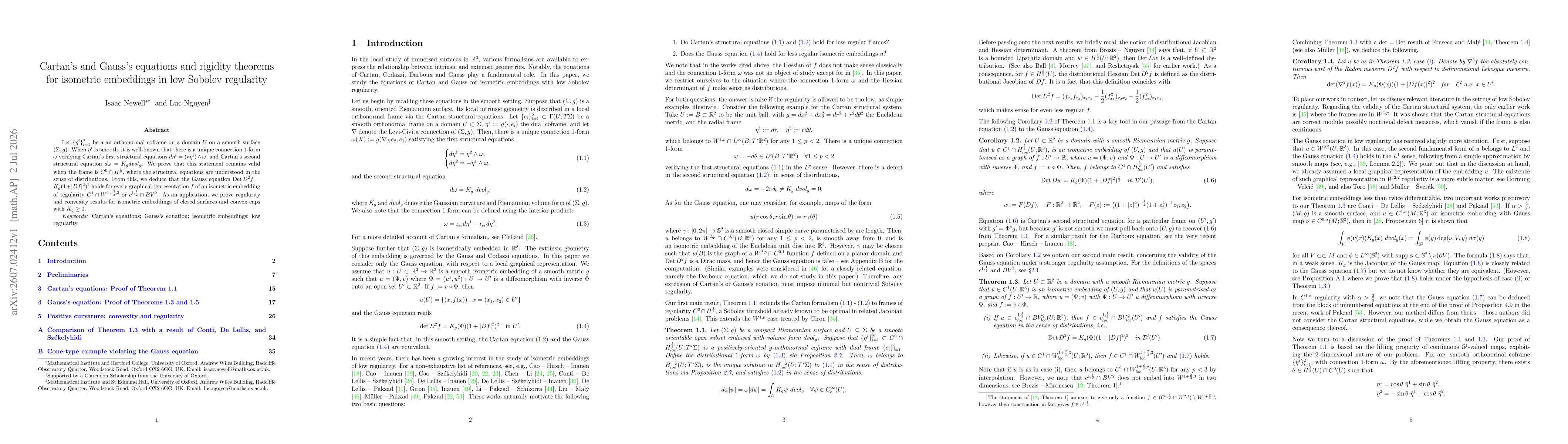 Thumbnail for Cartan's and Gauss's equations and rigidity theorems for isometric embeddings in low Sobolev regularity