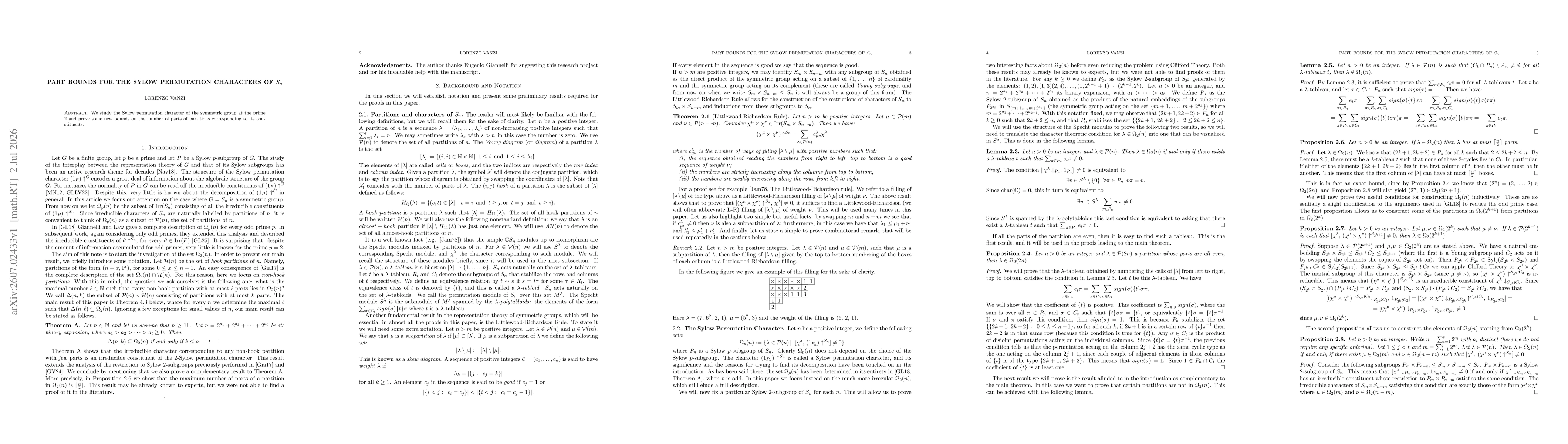 Thumbnail for Part bounds for the Sylow permutation characters of $S_n$