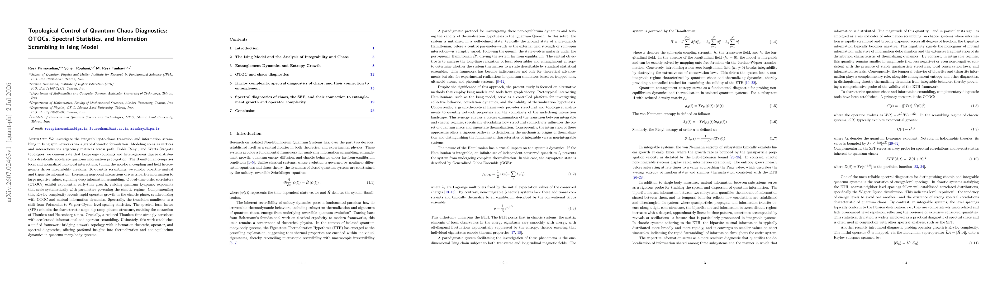 Thumbnail for Topological Control of Quantum Chaos Diagnostics: OTOCs, Spectral Statistics, and Information Scrambling in Ising Model
