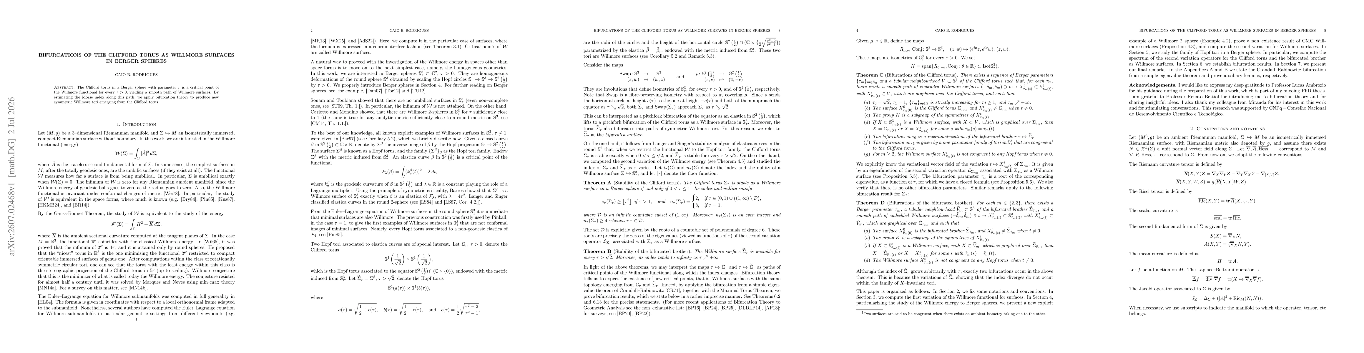 Thumbnail for Bifurcations of the Clifford Torus as Willmore Surfaces in Berger Spheres