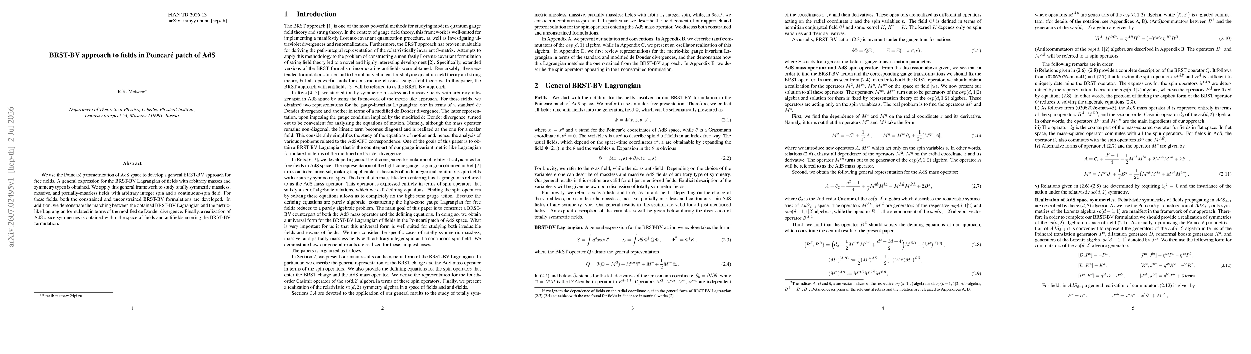 Thumbnail for BRST-BV approach to fields in Poincare patch of AdS