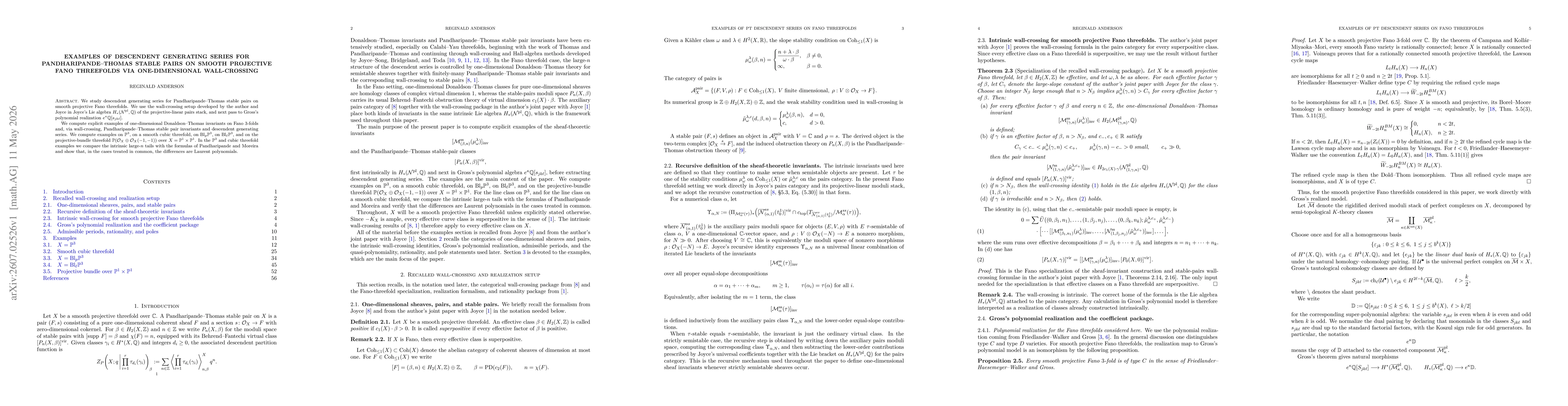 Thumbnail for Examples of descendent generating series for Pandharipande--Thomas stable pairs on smooth projective Fano threefolds via one-dimensional wall-crossing
