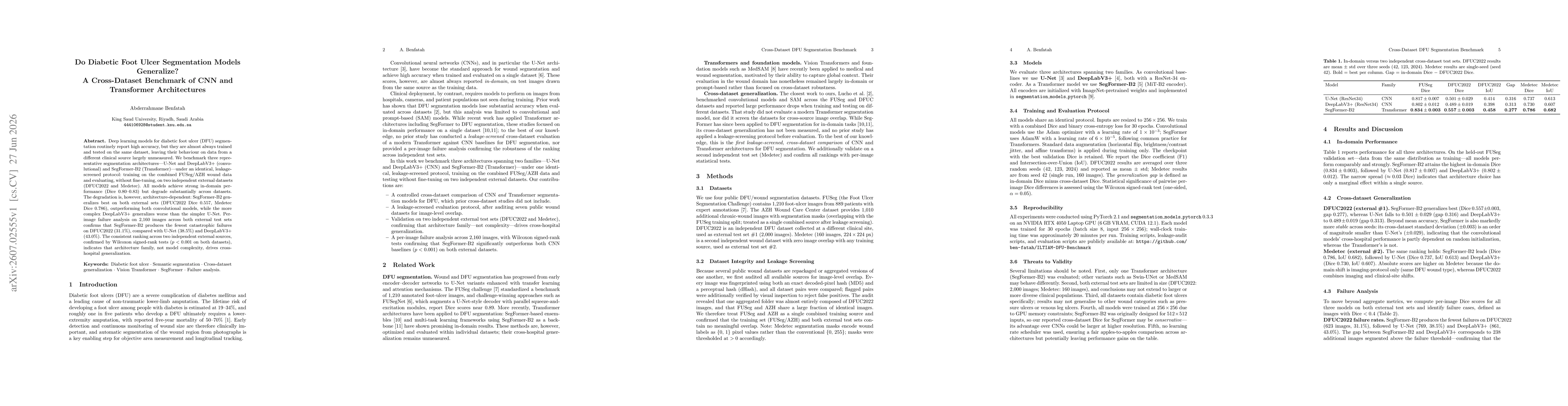Thumbnail for Do Diabetic Foot Ulcer Segmentation Models Generalize? A Cross-Dataset Benchmark of CNN and Transformer Architectures