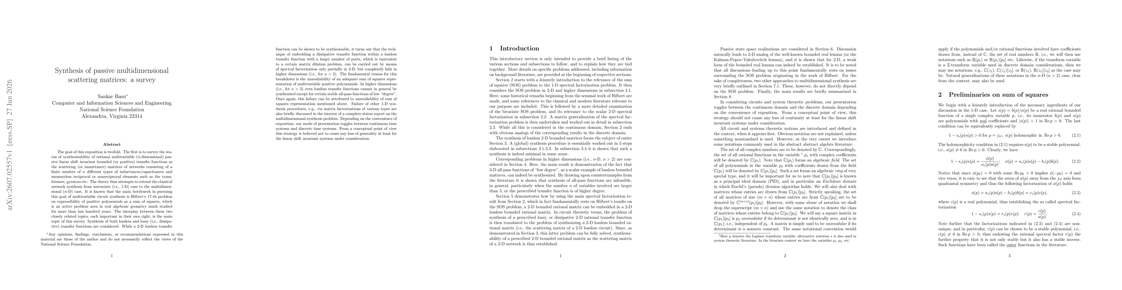 Thumbnail for Synthesis of passive multidimensional scattering matrices: a survey