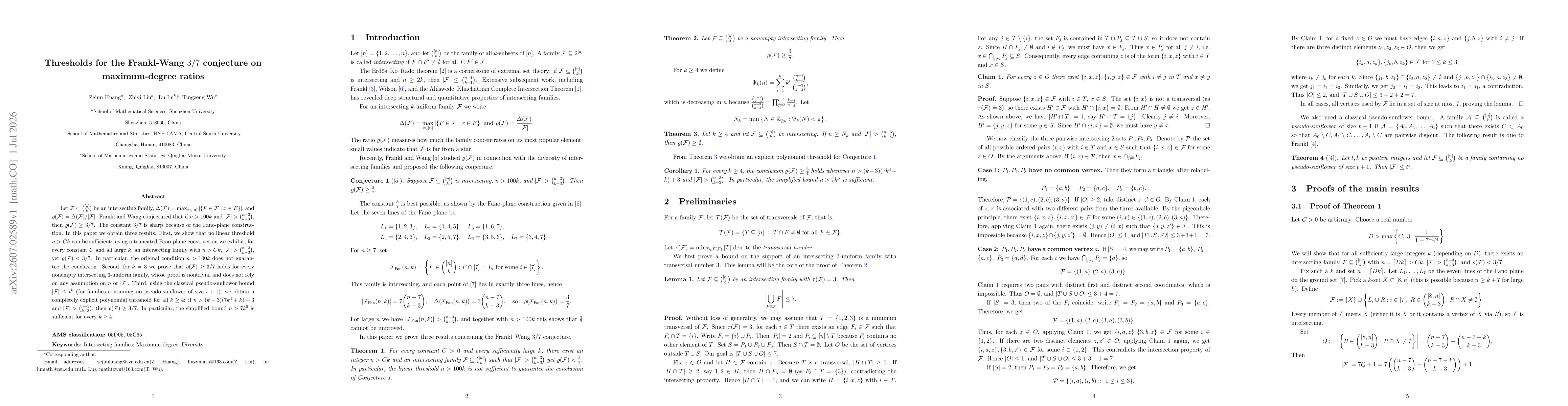 Thumbnail for Thresholds for the Frankl-Wang $3/7$ conjecture on maximum-degree ratios