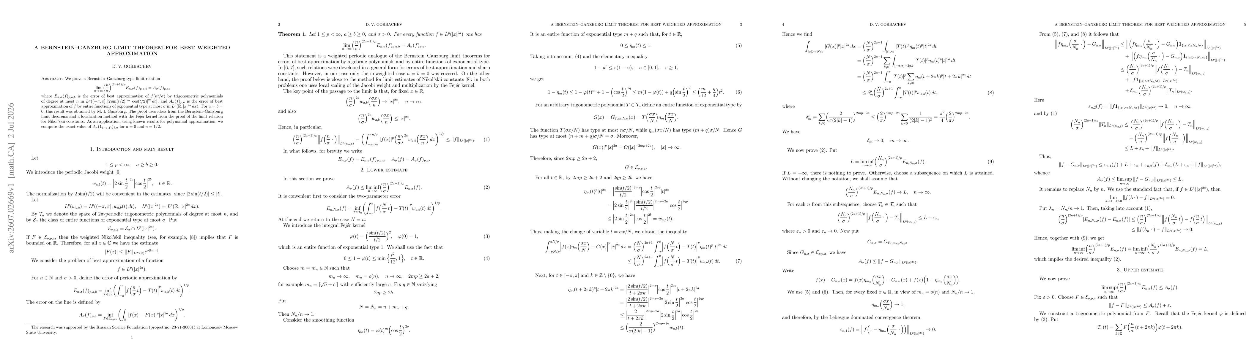 Thumbnail for A Bernstein--Ganzburg limit theorem for best weighted approximation