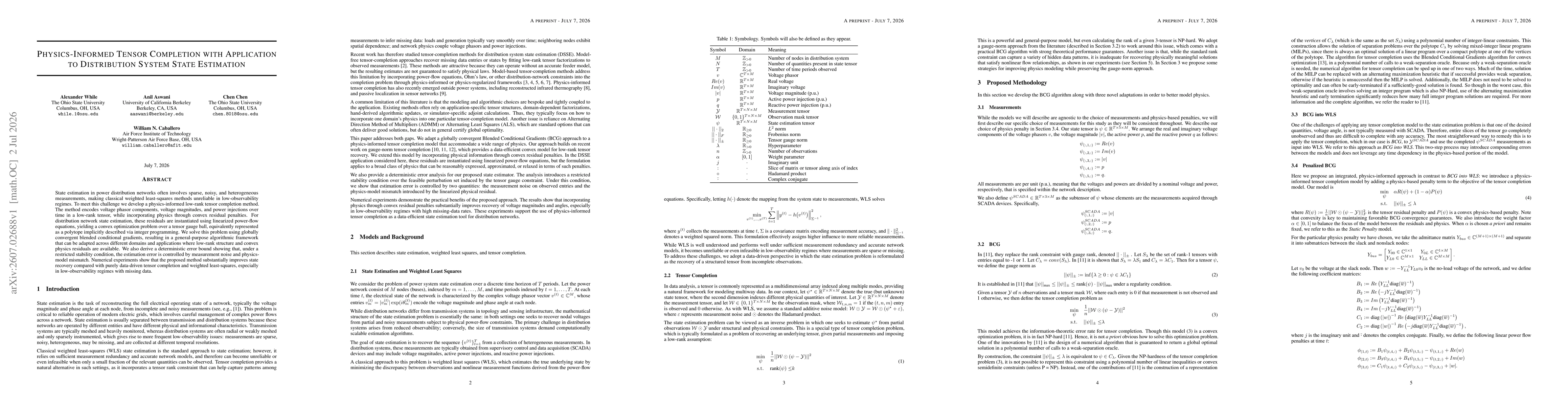 Thumbnail for Physics-Informed Tensor Completion with Application to Distribution System State Estimation