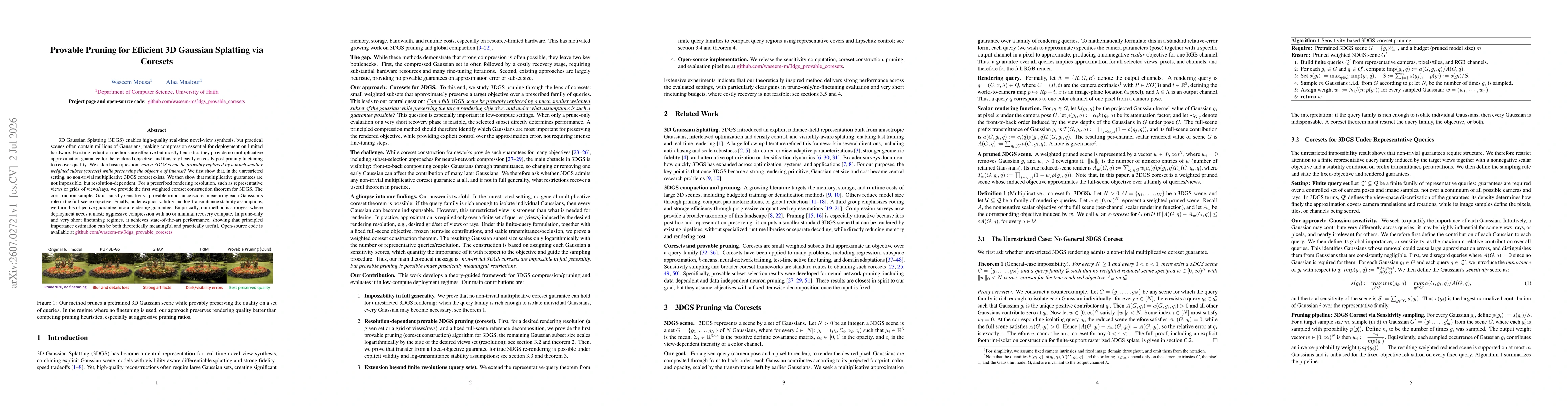 Thumbnail for Provable Pruning for Efficient 3D Gaussian Splatting via Coresets