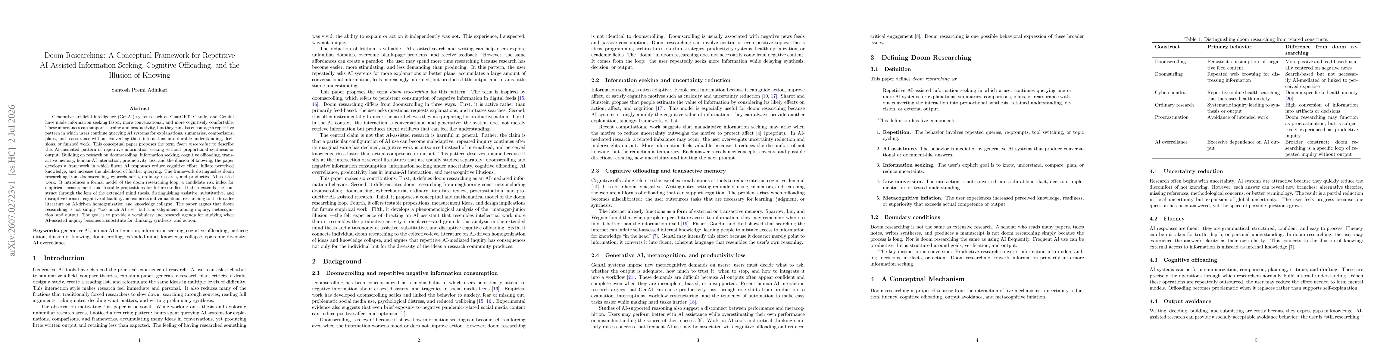 Thumbnail for Doom Researching: A Conceptual Framework for Repetitive AI-Assisted Information Seeking, Cognitive Offloading, and the Illusion of Knowing
