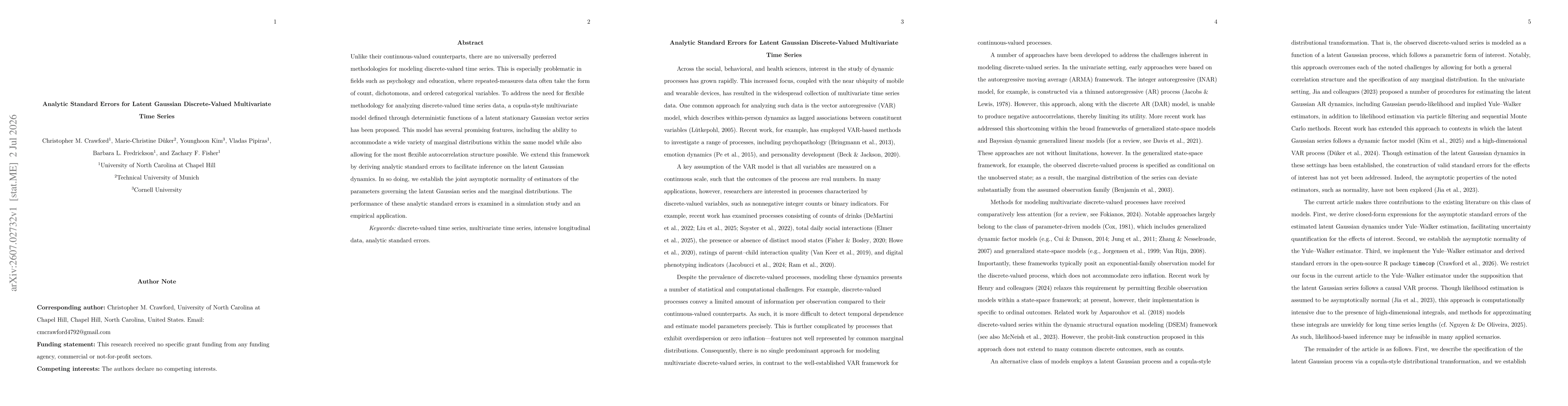 Thumbnail for Analytic Standard Errors for Latent Gaussian Discrete-Valued Multivariate Time Series