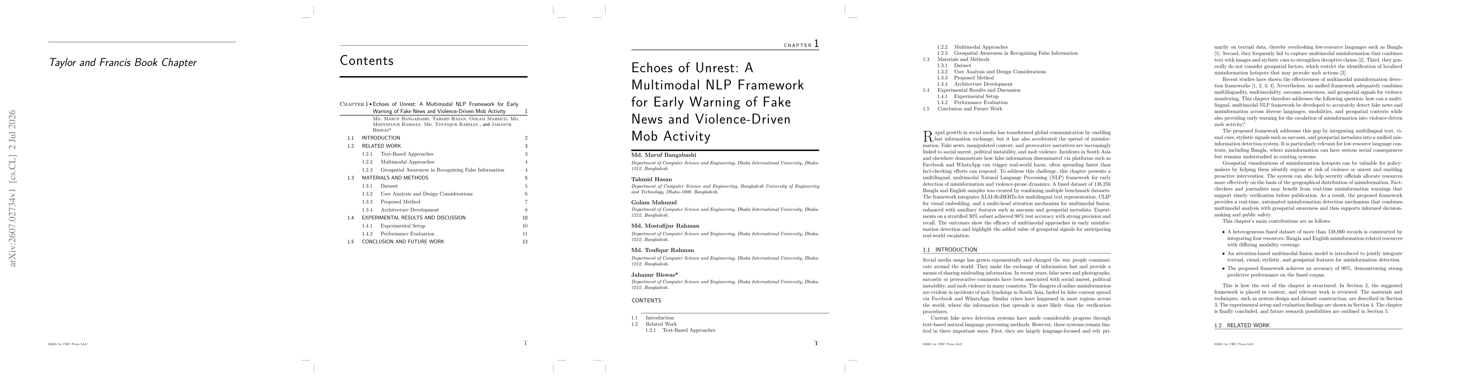 Thumbnail for Echoes of Unrest: A Multimodal NLP Framework for Early Warning of Fake News and Violence-Driven Mob Activity