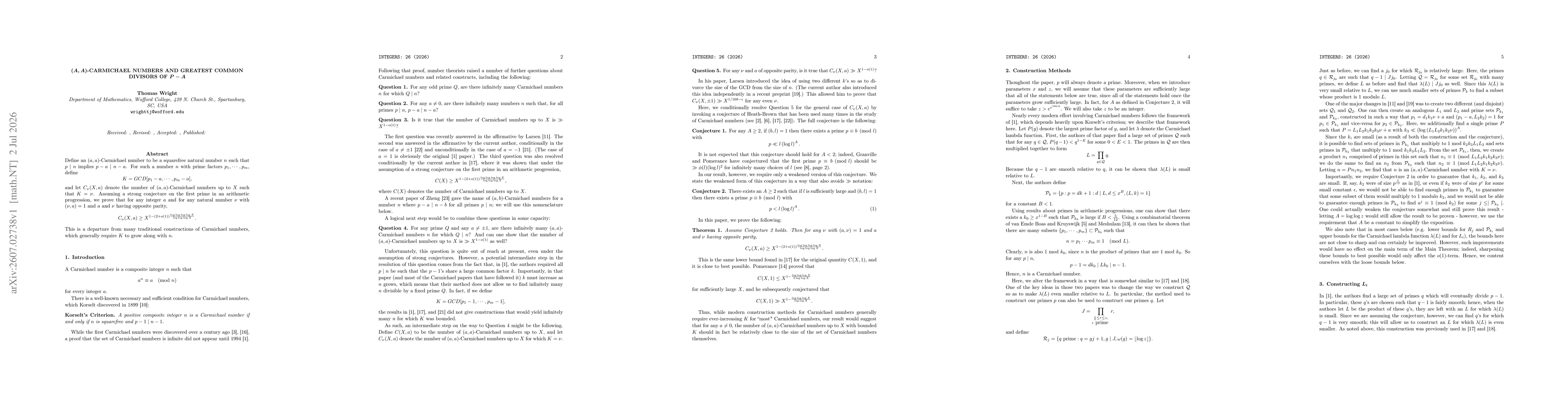 Thumbnail for $(a,a)$-Carmichael numbers and greatest common divisors of $p-a$