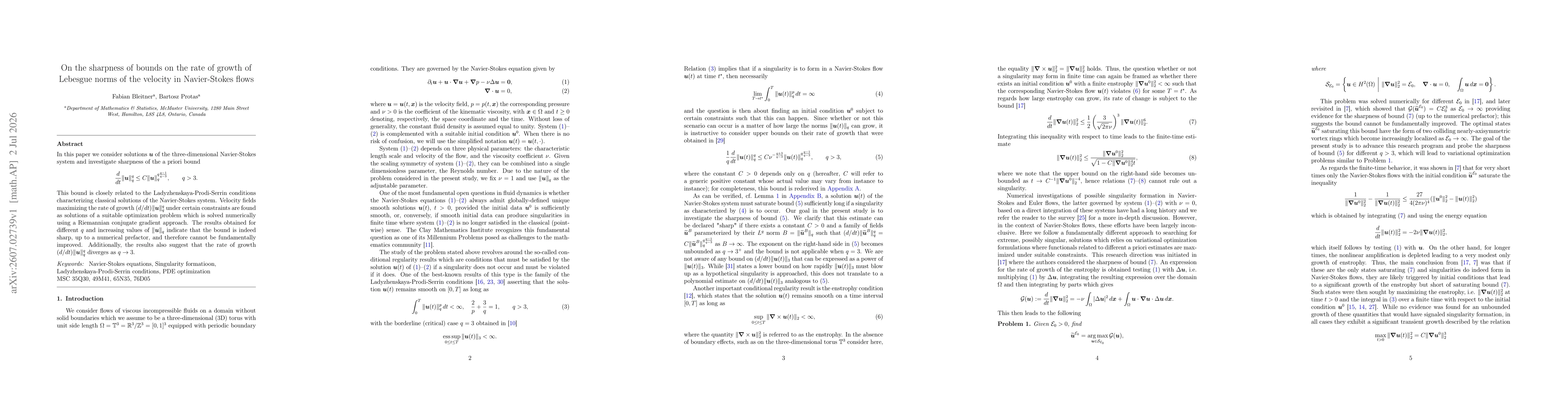 Thumbnail for On the sharpness of bounds on the rate of growth of Lebesgue norms of the velocity in Navier-Stokes flows