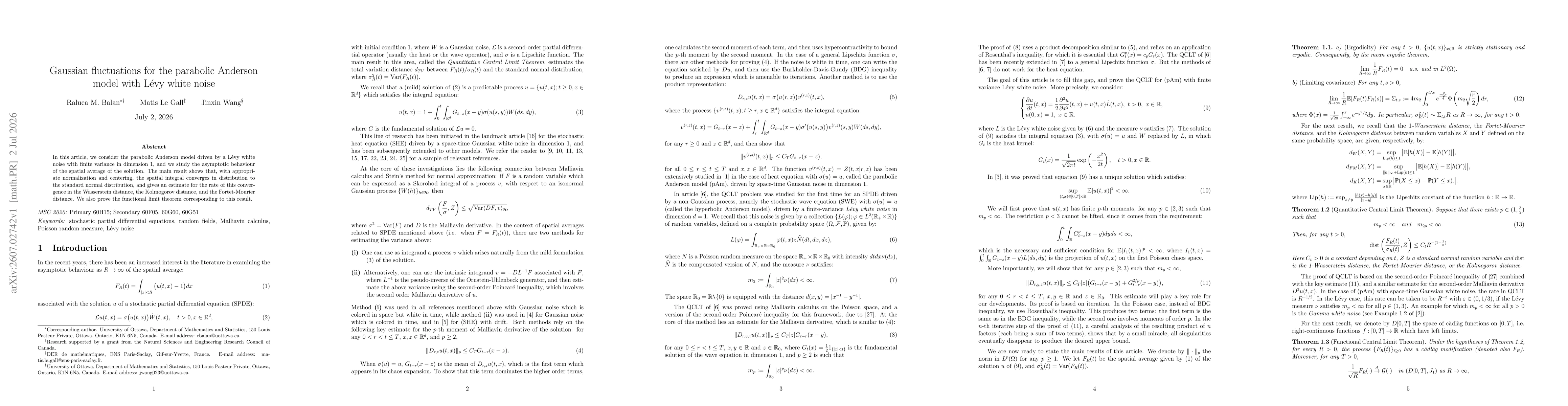 Thumbnail for Gaussian fluctuations for the parabolic Anderson model with Lévy white noise