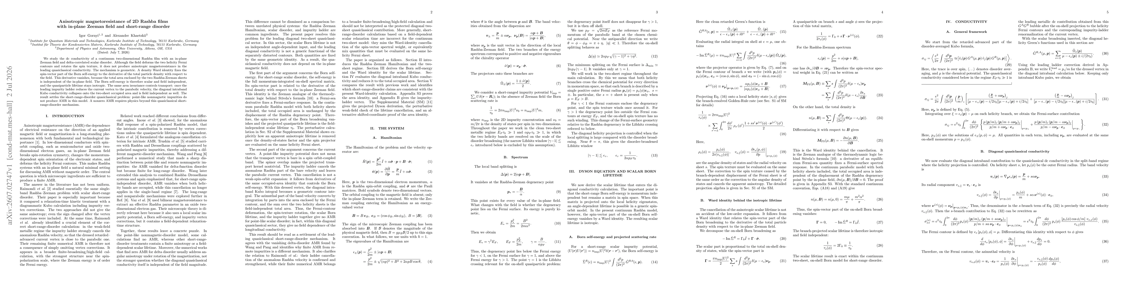 Thumbnail for Anisotropic magnetoresistance of 2D Rashba films with in-plane Zeeman field and short-range disorder