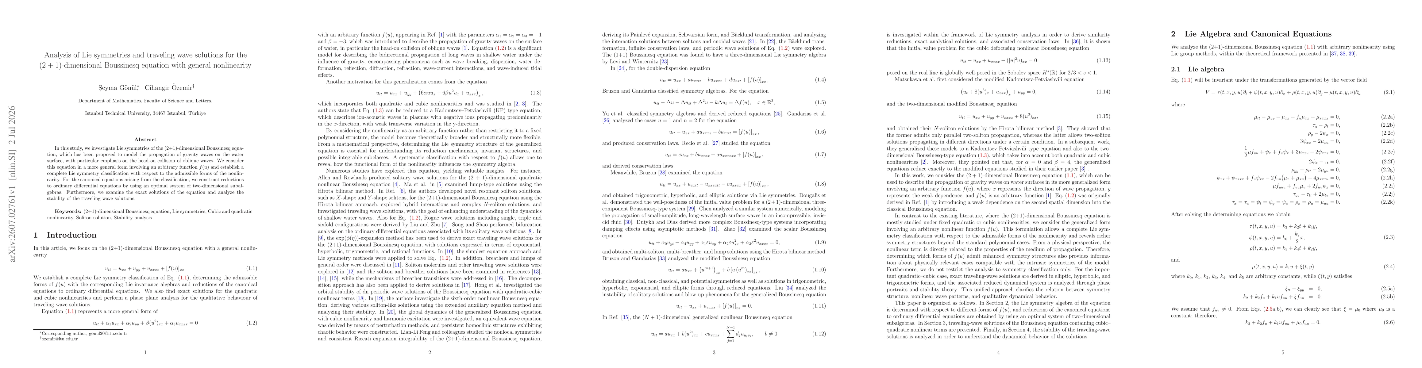 Thumbnail for Analysis of Lie symmetries and traveling wave solutions for the (2+1)-dimensional Boussinesq equation with general nonlinearity