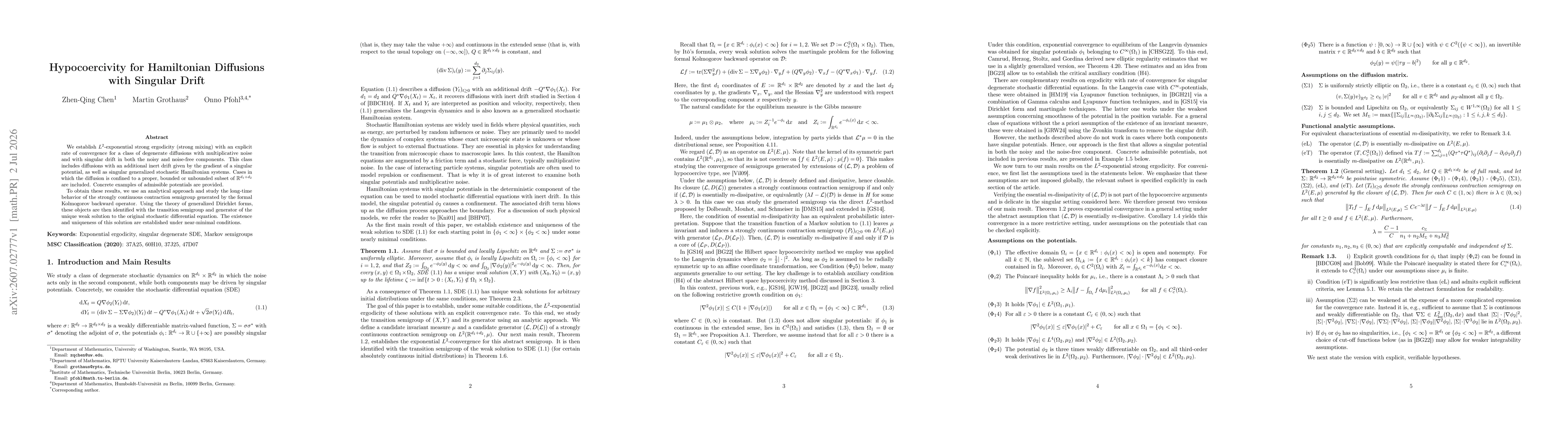 Thumbnail for Hypocoercivity for Hamiltonian Diffusions with Singular Drift