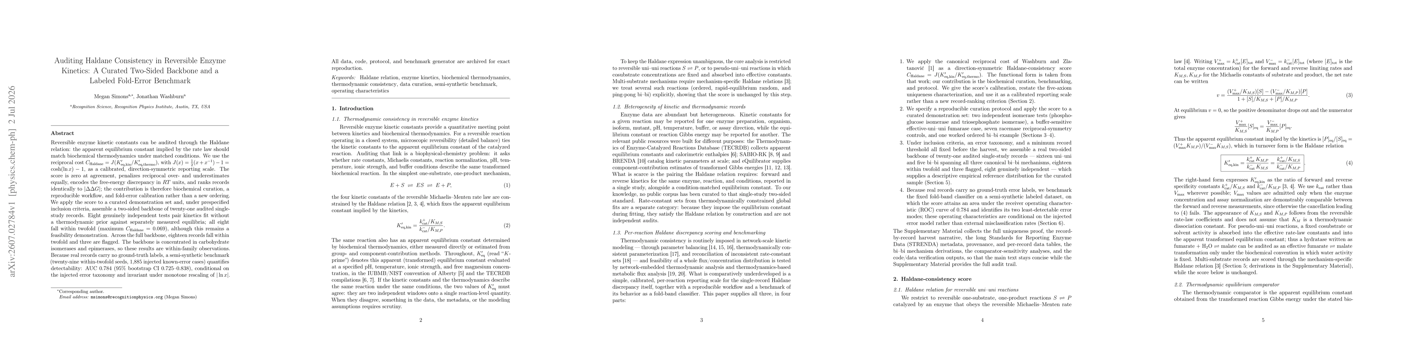 Thumbnail for Auditing Haldane Consistency in Reversible Enzyme Kinetics: A Curated Two-Sided Backbone and a Labeled Fold-Error Benchmark