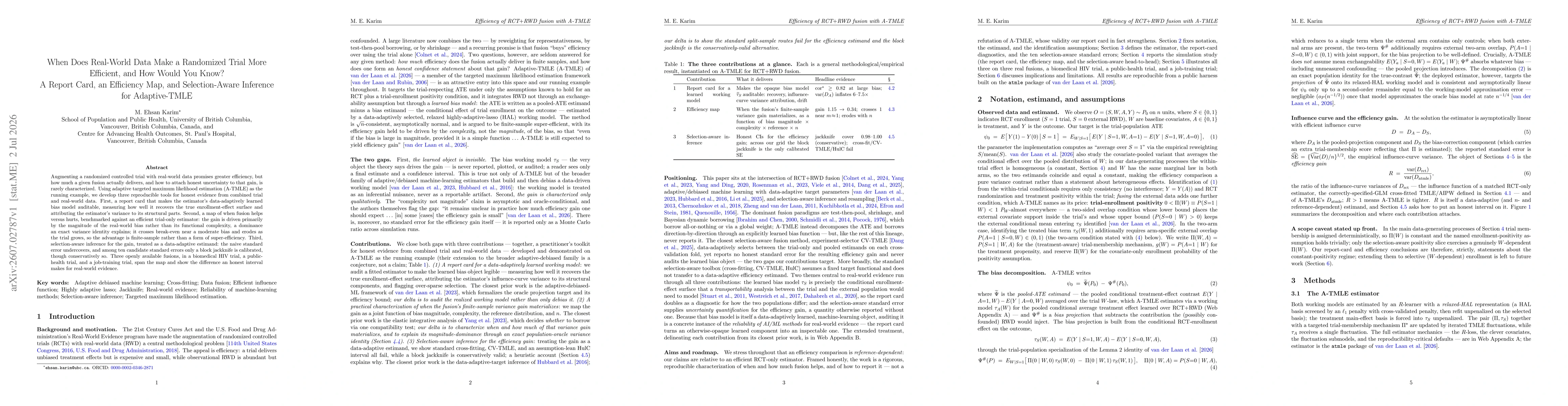 Thumbnail for When Does Real-World Data Make a Randomized Trial More Efficient, and How Would You Know? A Report Card, an Efficiency Map, and Selection-Aware Inference for Adaptive-TMLE