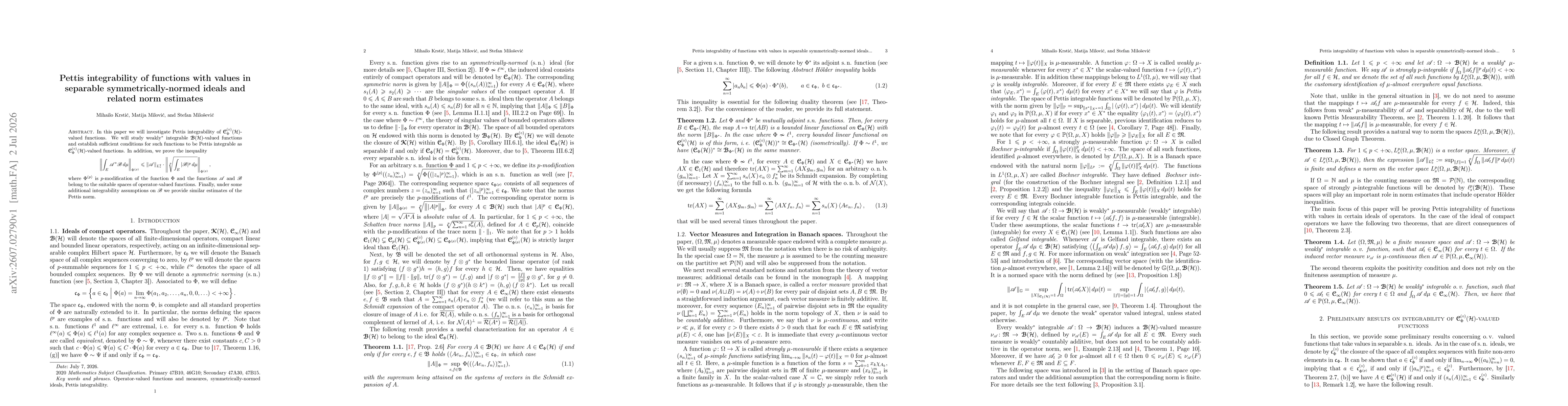 Thumbnail for Pettis integrability of functions with values in separable symmetrically-normed ideals and related norm estimates