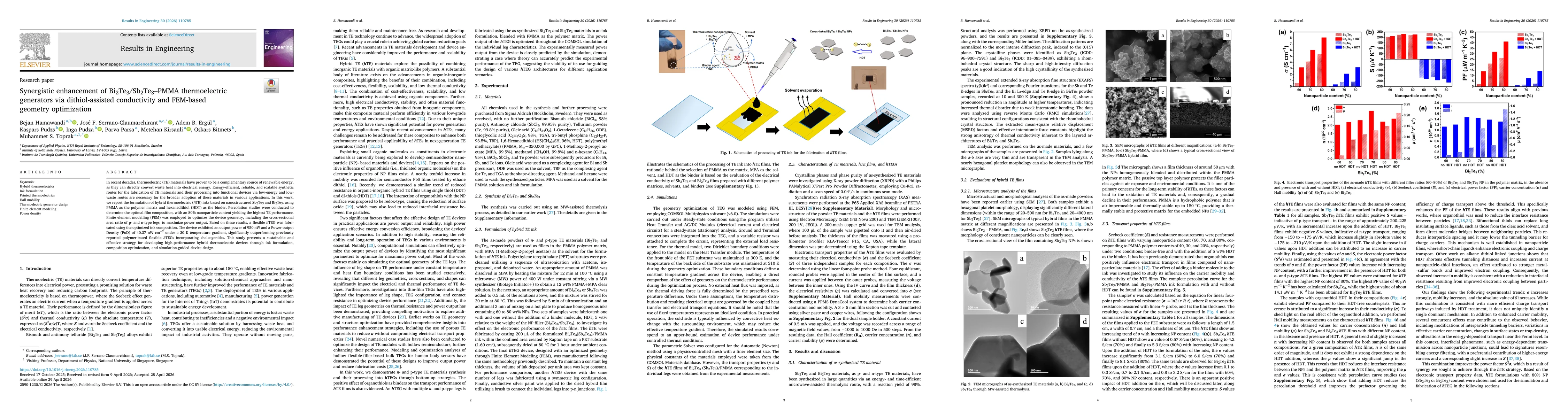 Thumbnail for Synergistic enhancement of Bi2Te3 Sb2Te3 PMMA thermoelectric generators via dithiol assisted conductivity and FEM based geometry optimization