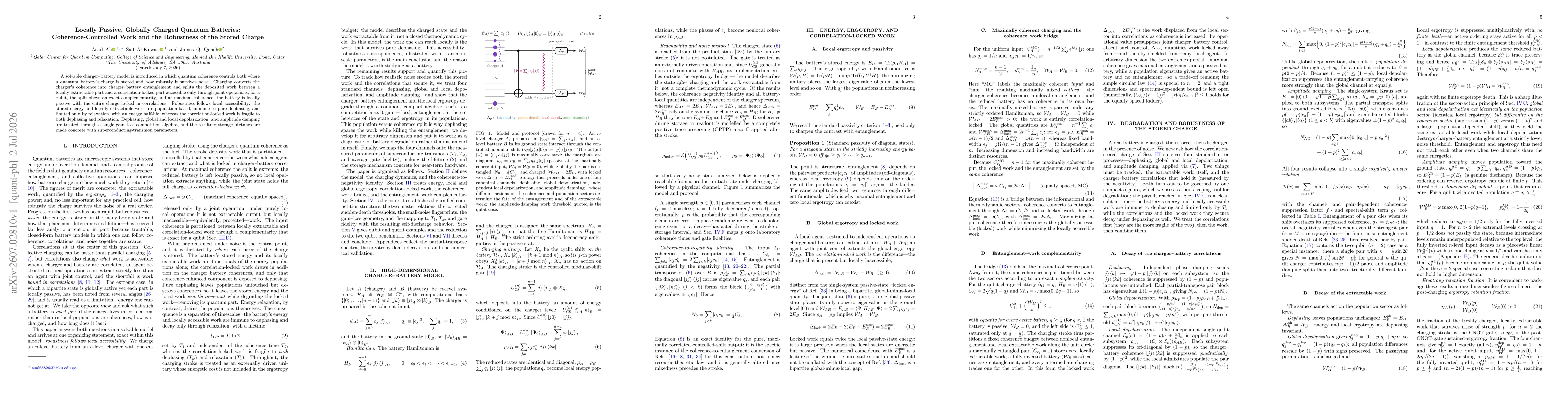 Thumbnail for Locally Passive, Globally Charged Quantum Batteries: Coherence-Controlled Work and the Robustness of the Stored Charge