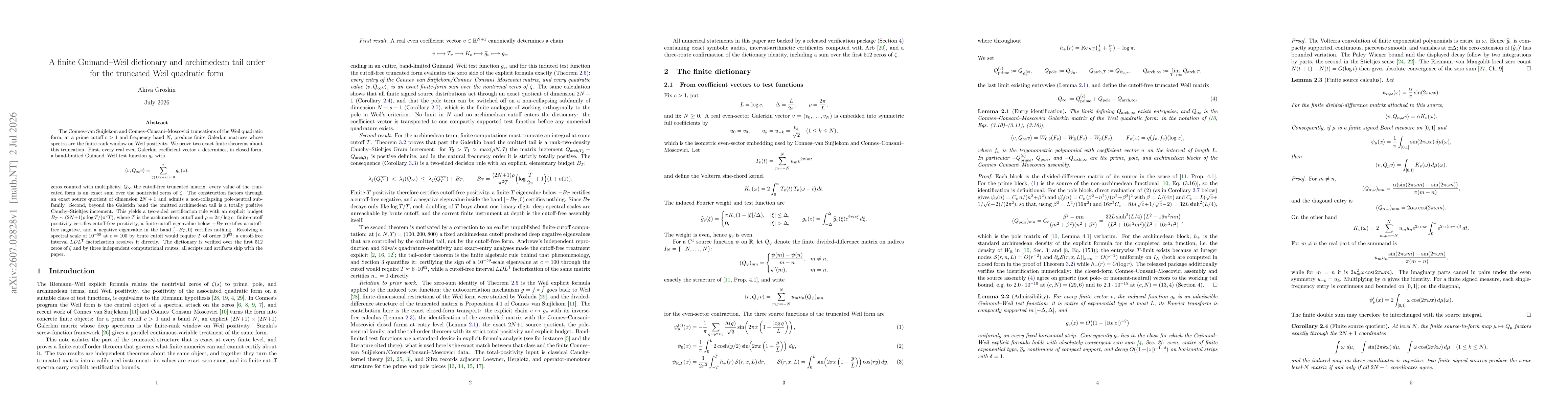 Thumbnail for A finite Guinand-Weil dictionary and archimedean tail order for the truncated Weil quadratic form