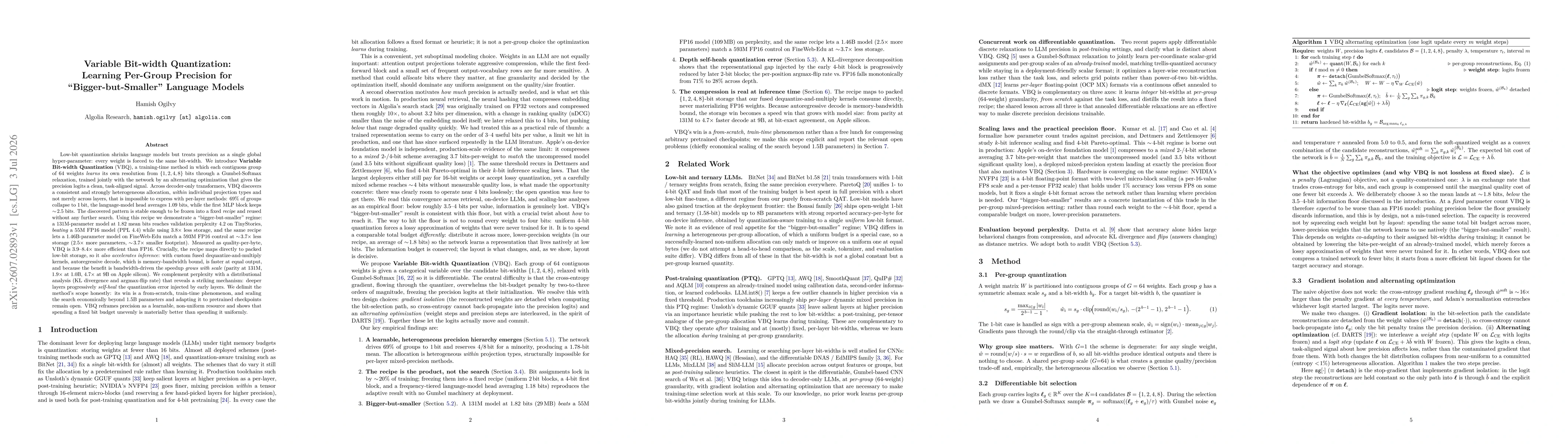 Thumbnail for Variable Bit-width Quantization: Learning Per-Group Precision for "Bigger-but-Smaller" Language Models