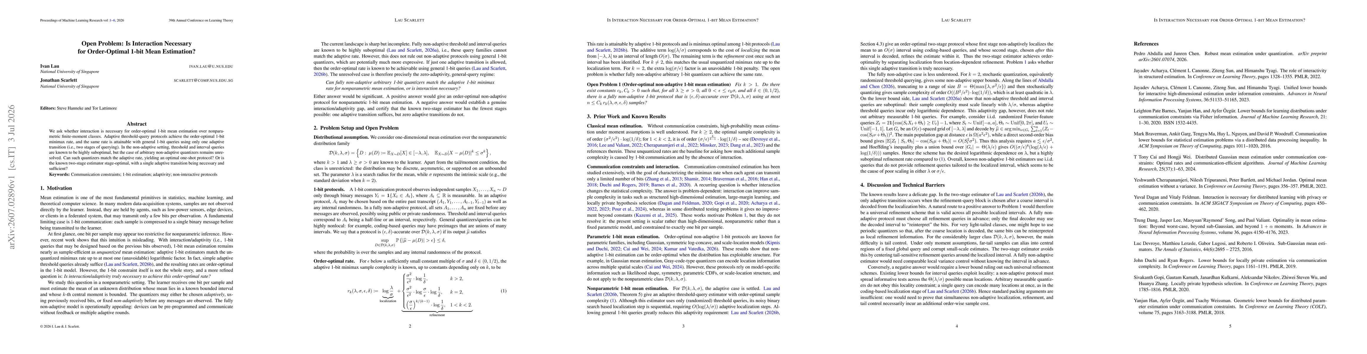 Thumbnail for Open Problem: Is Interaction Necessary for Order-Optimal 1-bit Mean Estimation?
