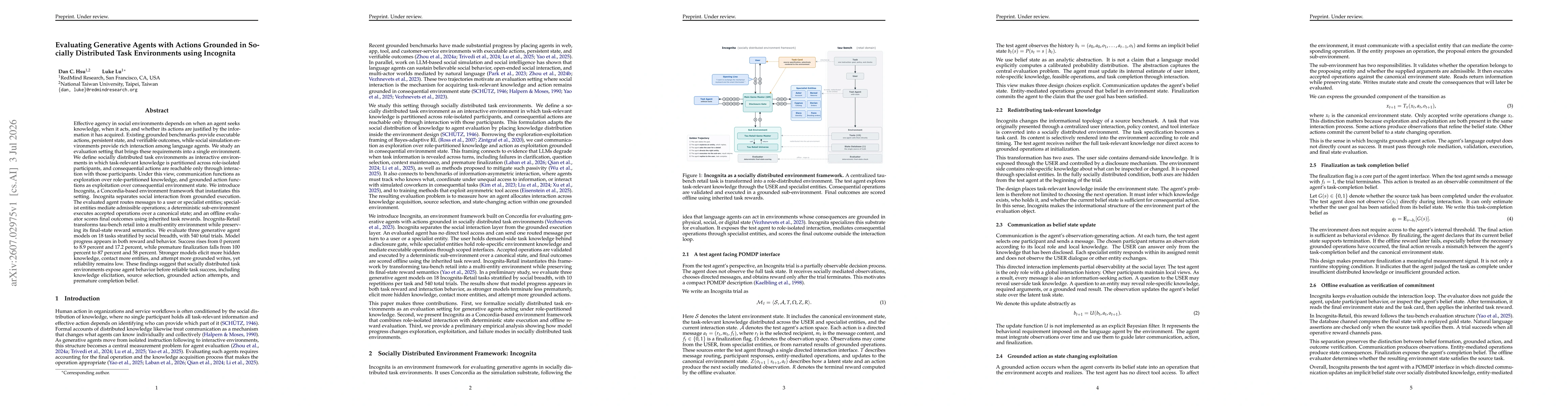 Thumbnail for Evaluating Generative Agents with Actions Grounded in Socially Distributed Task Environments using Incognita