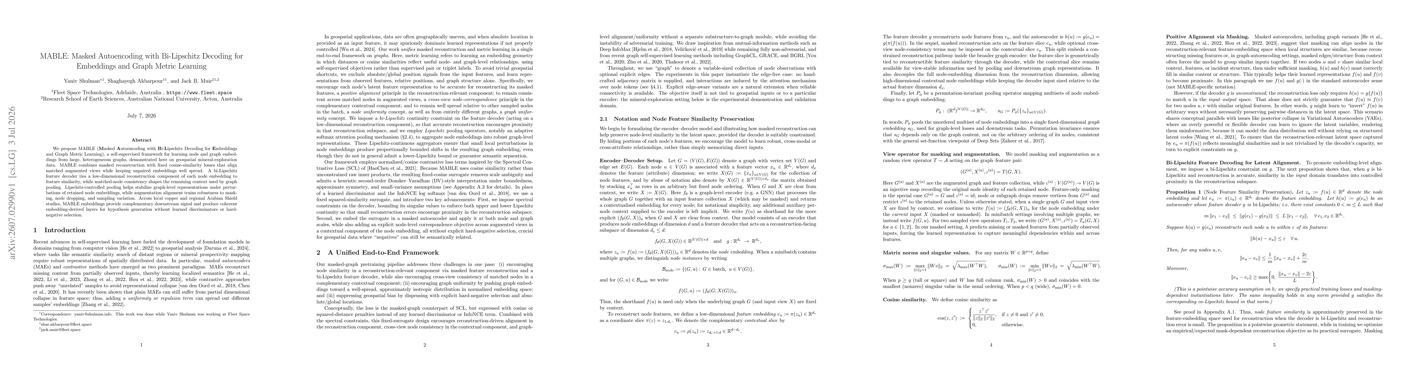 Thumbnail for MABLE: Masked Autoencoding with Bi-Lipschitz Decoding for Embeddings and Graph Metric Learning