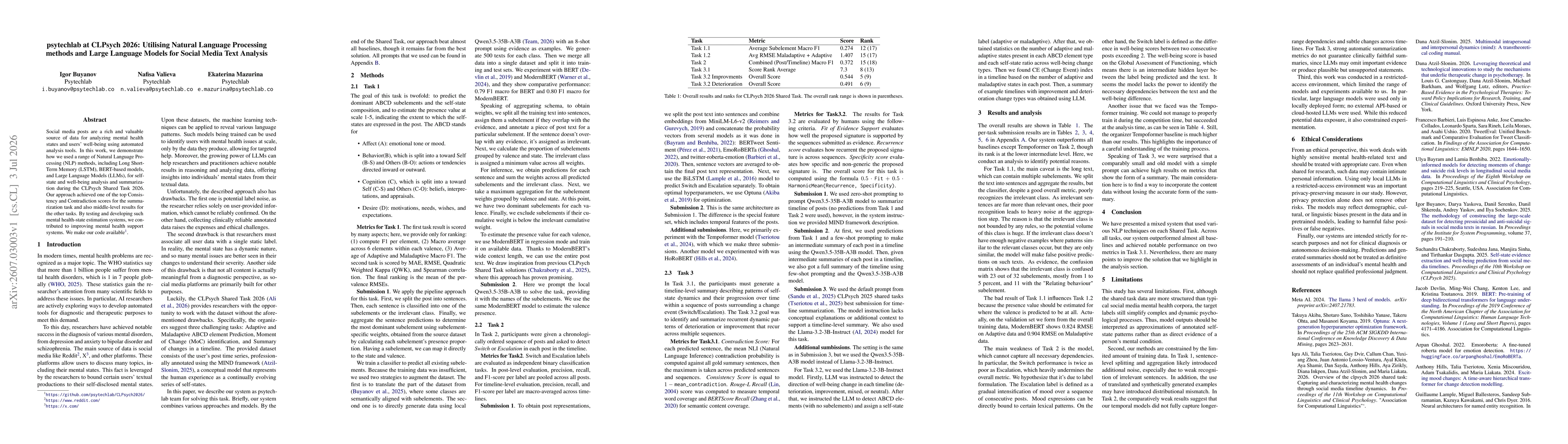 Thumbnail for psytechlab at CLPsych 2026: Utilising Natural Language Processing methods and Large Language Models for Social Media Text Analysis