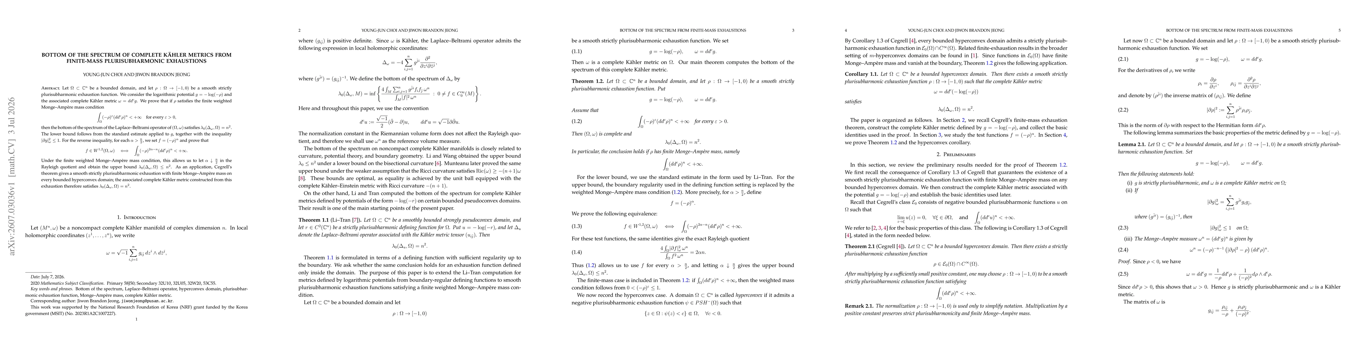 Thumbnail for Bottom of the Spectrum of Complete Kähler Metrics from Finite-Mass Plurisubharmonic Exhaustions