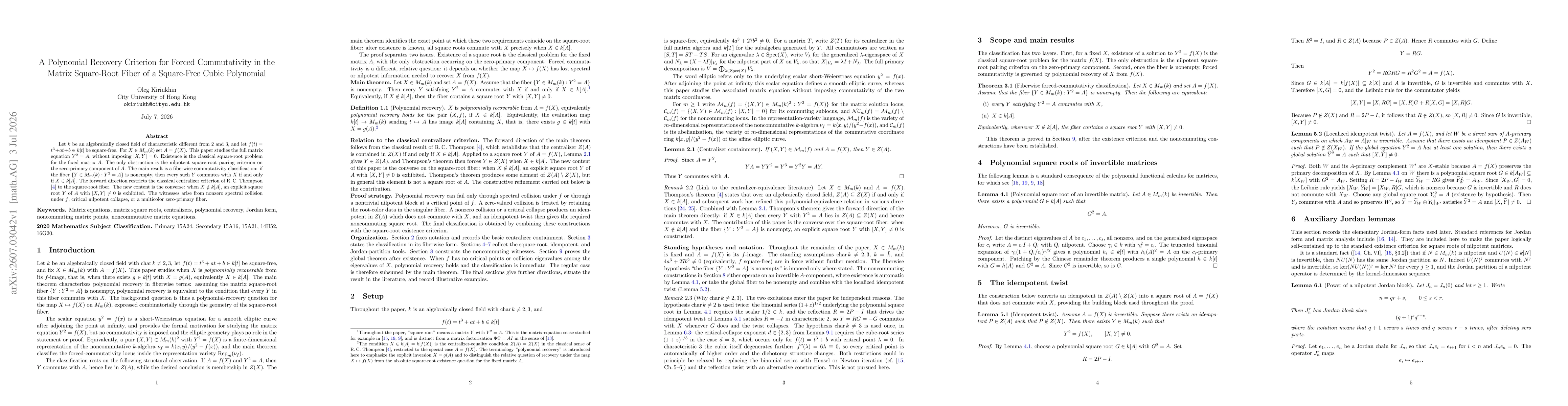 Thumbnail for A Polynomial Recovery Criterion for Forced Commutativity in the Matrix Square-Root Fiber of a Square-Free Cubic Polynomial