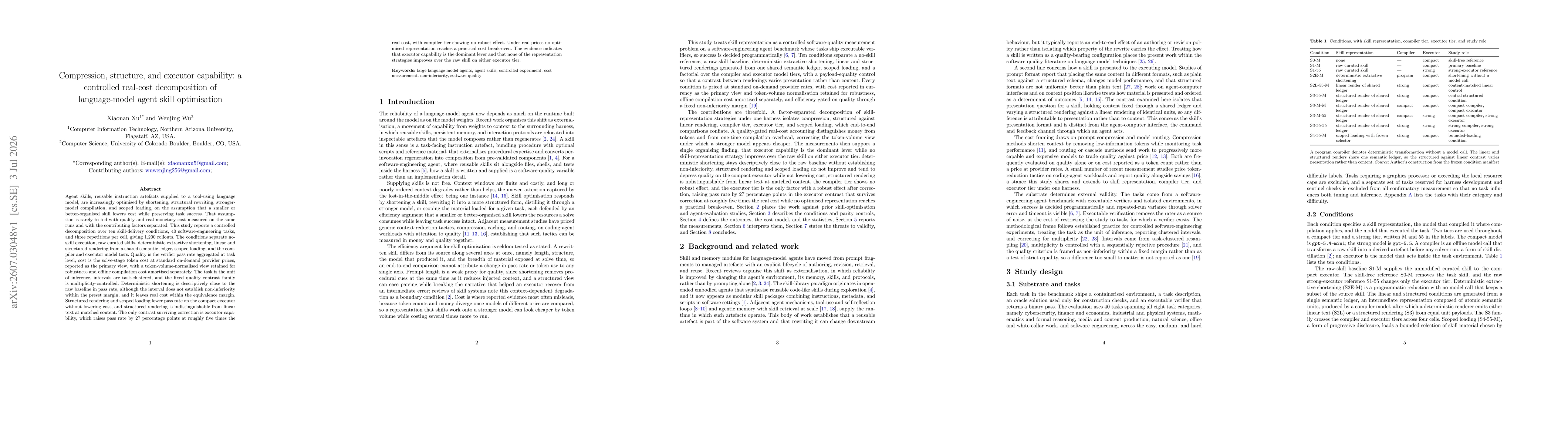 Thumbnail for Compression, structure, and executor capability: a controlled real-cost decomposition of language-model agent skill optimisation