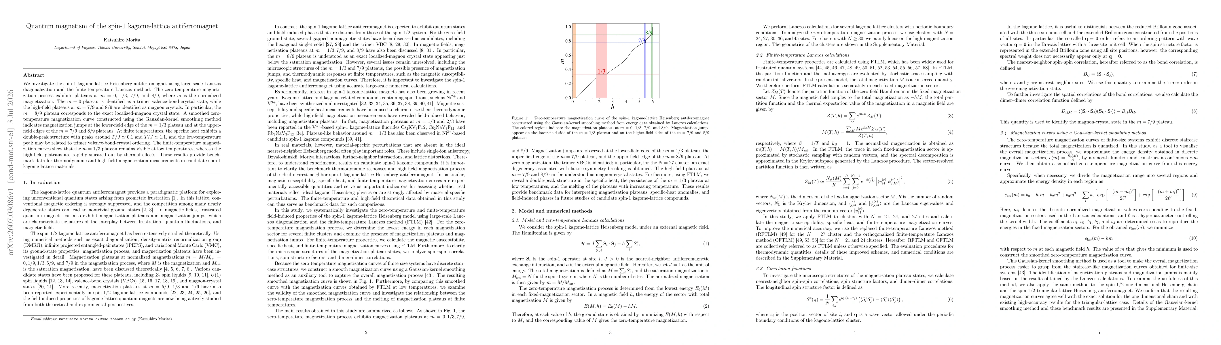 Thumbnail for Quantum magnetism of the spin-1 kagome-lattice antiferromagnet