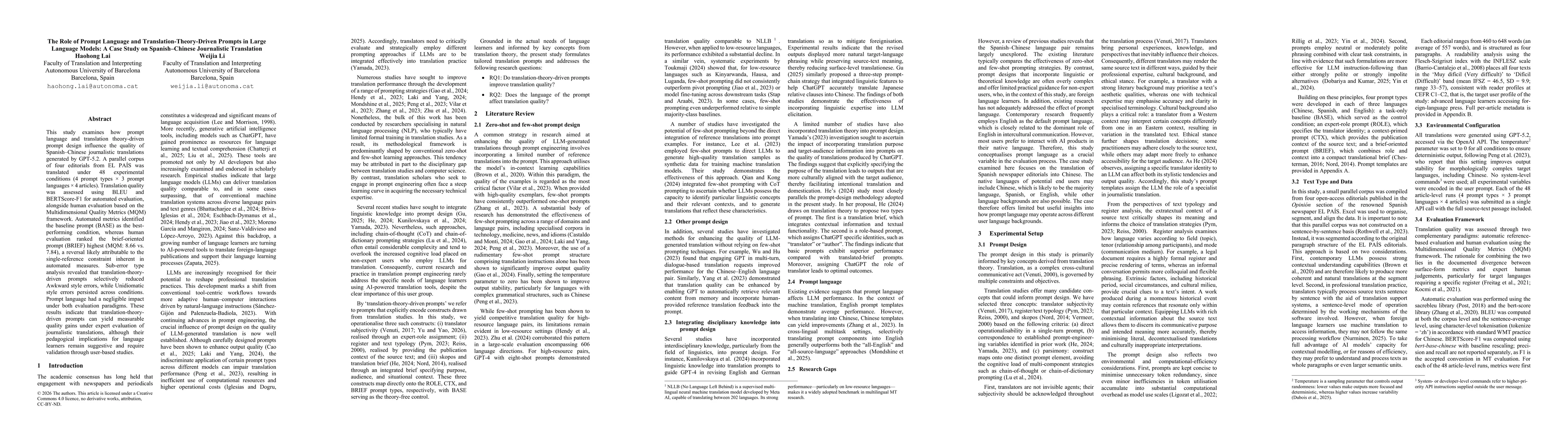 Thumbnail for The Role of Prompt Language and Translation-Theory-Driven Prompts in Large Language Models: A Case Study on Spanish-Chinese Journalistic Translation