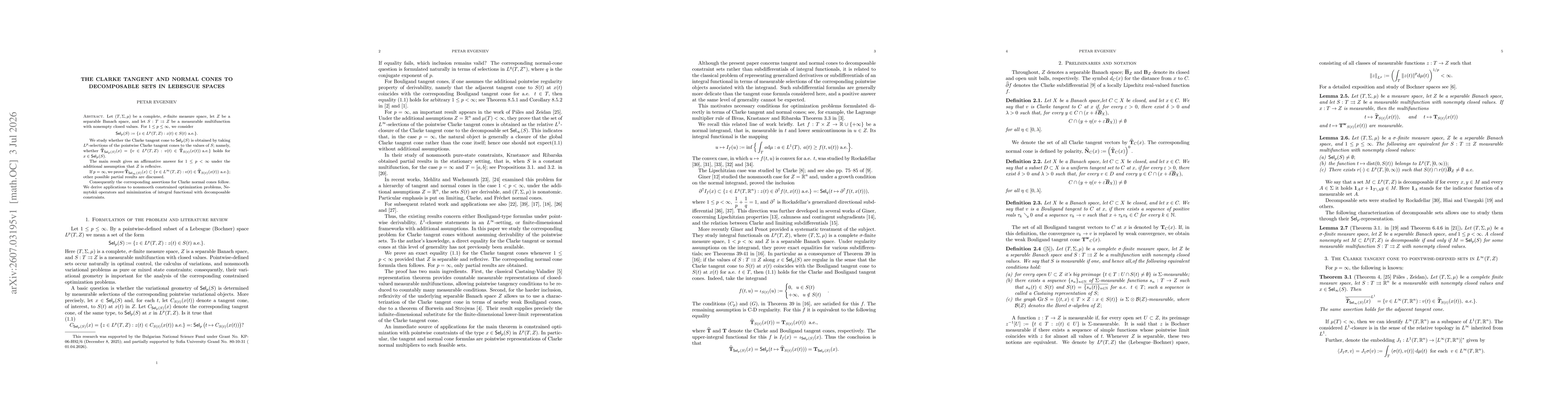 Thumbnail for The Clarke tangent and normal cones to decomposable sets in Lebesgue spaces