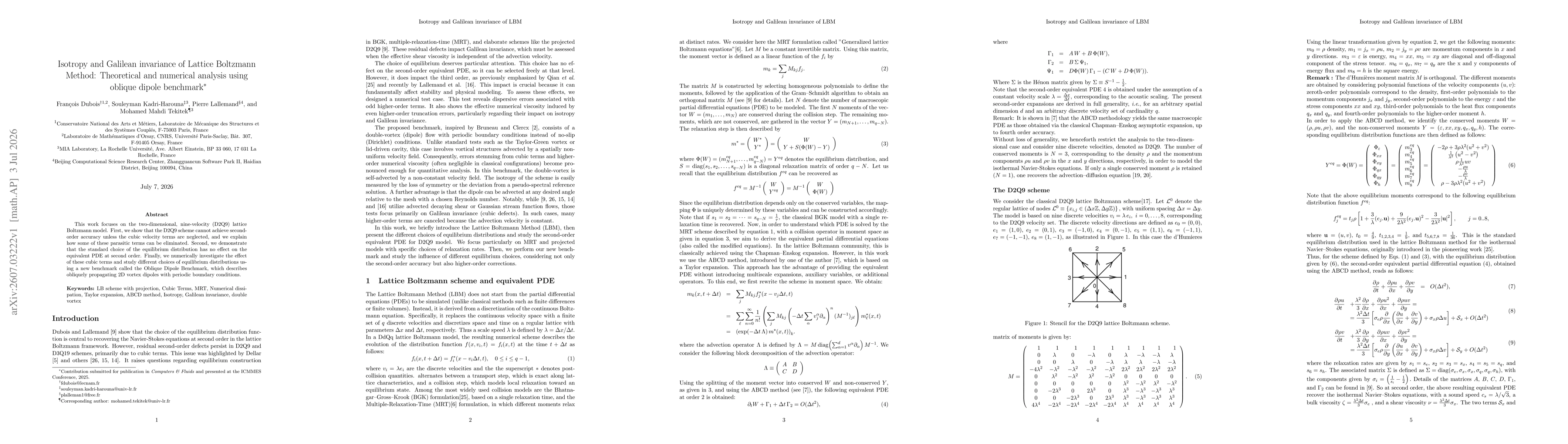 Thumbnail for Isotropy and Galilean invariance of Lattice Boltzmann Method: Theoretical and numerical analysis using oblique dipole benchmark *