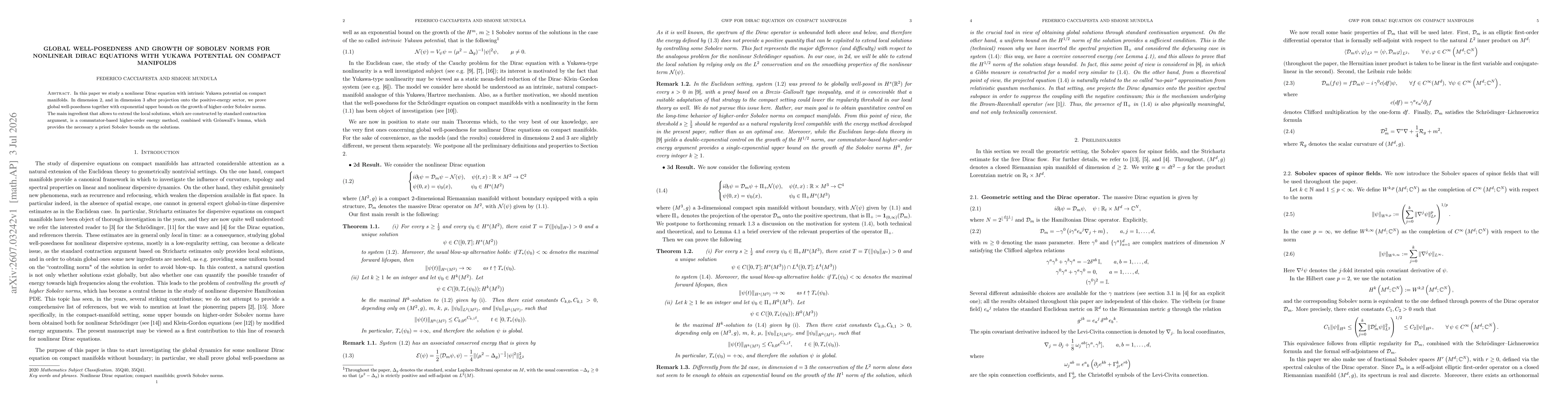 Thumbnail for Global well-posedness and growth of Sobolev norms for nonlinear Dirac equations with Yukawa potential on compact manifolds
