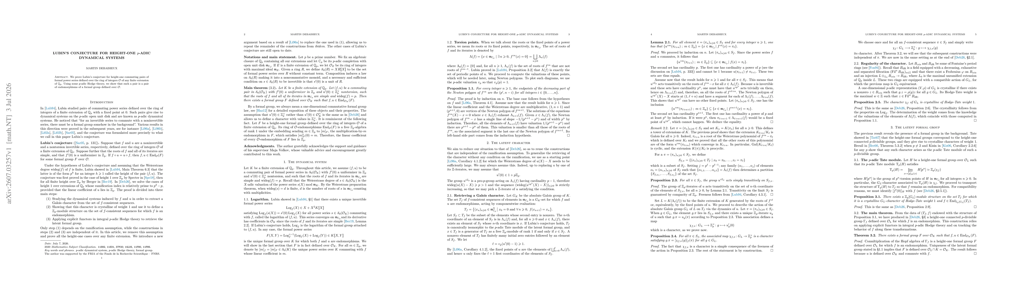 Thumbnail for Lubin's conjecture for height-one $p$-adic dynamical systems