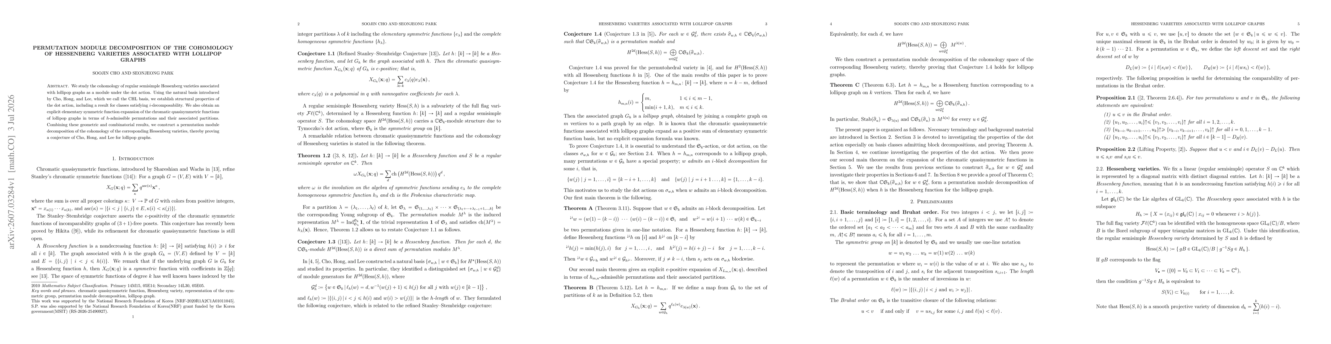 Thumbnail for Permutation module decomposition of the cohomology of Hessenberg varieties associated with lollipop graphs